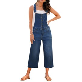 luvamia Bib Overalls Women Capri Wide Leg Jeans Jumpsuit Button Front Denim Outfit Denim Overall Jumpsuit for Women Classic Blue Size Medium US 8 to 10