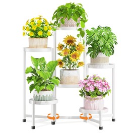 LASZOLA 6 Tiered Folding Plant Stand Indoor for Multiple Large Planter, Tall Heavy Duty Adjustable Rack with Rust Proof 10 Inch Wide Tray, Sturdy Vertical Tree Organizer for Narrow Inside Floor, White