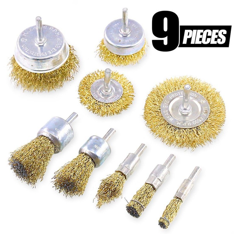 Wire Wheel Cup Brush Drill Bit Set of 9 Brass