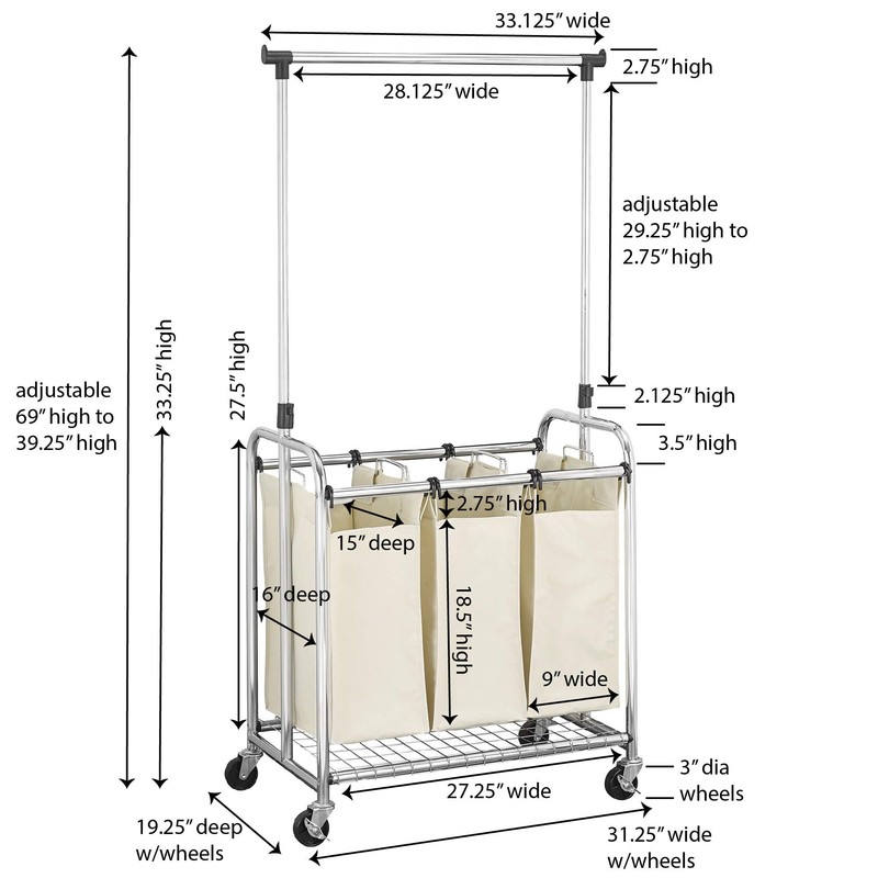 Household Essentials Commercial 3-Bag Laundry Sorter with Clothes Rack