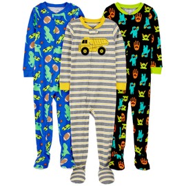 Simple Joys by Carter's Baby Boys' 3-Pack Snug-Fit Footed Cotton Pajamas, Monsters/Dino/Construction, 24 Months