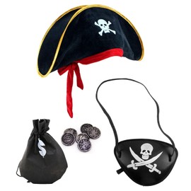 FDGGT 1 Pirate Hat and 1 Pirate Eye Patch, with 1 Coin Bag, Role Play Accessories, Creative Fancy Dress Accessory