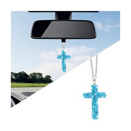 HZEL Bling Car Hanging Ornament, Cross Crystal Rhinestone Vehicle Rear View Mirror Pendant, Diamond Religious Rearview Mirror Decoration Charm, Universal Automotive Interior Accessories (Blue)