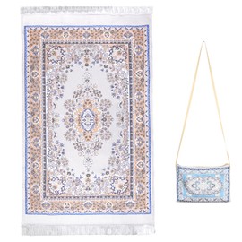 Islamic Prayer Rug Mat - Thick Padded Sajadah for Men Women with Prayer Beads and Bag - Ideal for Eid, Travel, and Ramadan - Soft and Luxurious, Blue