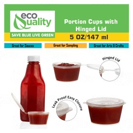 5 Oz Leak Proof Portion Cups with Lids - Plastic Condiment Souffle Containers with Attached Hinged Lid - Perfect for Sauce Cup, Sample Cup, Slime Cup, Jello Shot Cups with Lids, Food Storage (50)