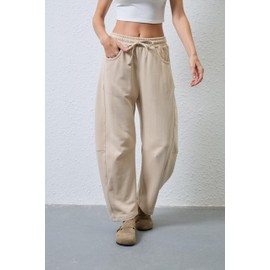 Hongsui Women's Barrel Leg Pants Elasticated Waistband Soft Wide Leg Pants with Pockets Casual Sweatpants (Khaki-S)