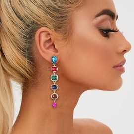 EVER FAITH Art Deco Crystal Earrings, Bling Round Square Oval Cut Teardrop Rhinestone Wedding Earrings for Women Bridal Iridescent AB Silver Tone, Crystal