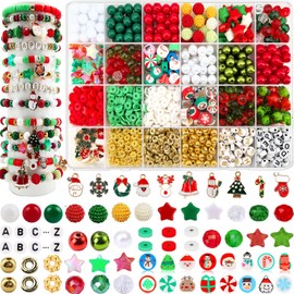 1456Pcs Christmas Bracelet Making Kit, Christmas Beads Charms for Jewelry Making Red Green Clay Beads Pearl Beads Star Round Crystal Bead Snowflake Santa Xmas Tree Pendants for Necklace Earrings Craft
