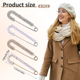 COMNICO Pearl Brooch Pins, 4Pcs Sweater Shawl Clips with Storage Box Faux Pearl Rhinestones Collar Safety Pin Gold Silver Brooch Pins for Women Fashion Clothing Dresses Decoration Accessories