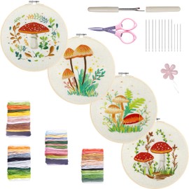 Bonroy 4 Sets Embroidery Kit for Beginners with Instructions,Cross Stitch Kits for Adults with Pattern,Needlepoint Kits for Adult Include Embroidery Cloth Hoops Needles Threads(Mushroom)