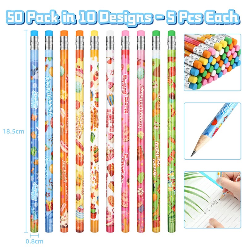 Kesote Pack of 50 Birthday Pencil Bulk 10 Various Patterns
