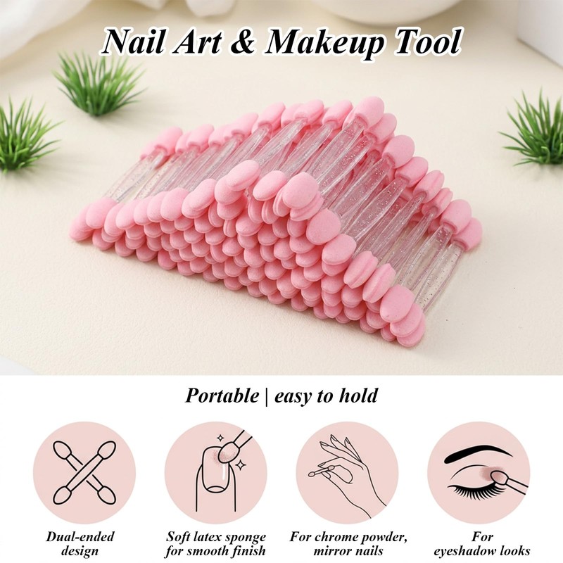 100pcs Chrome Applicator for Nails Dual-Sided Eyeshadow Sponge Applicator