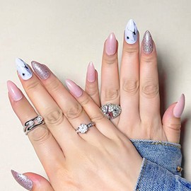 24 Uñas Postizas Medianas Almendradas Con Pegamento. Set De Uñas Almendradas Y Cuadradas Con Pestañas Adhesivas Y Lima Para Uñas. Para Mujeres, Niñas 
