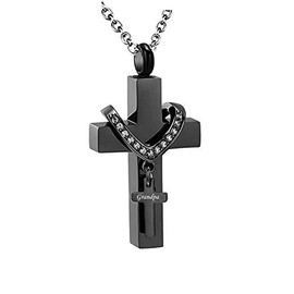MEMORIALU Black Cross Urn Necklaces for Ashes Cremation Crucifix Keepsake Memorial Men Stainless Steel Pendant Necklace for Grandpa