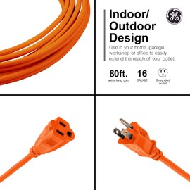 GE Outdoor Long Extension Cord, 80 Ft, Grounded Heavy Duty, 16AWG 3 Prong, ETL Listed, Orange (81703)