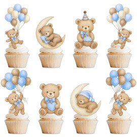 36 Pcs Blue Bear Cupcake Toppers - Baby Shower & Gender Reveal Party Decorations, "We Can Bearly Wait" Theme Cake Decor Supplies