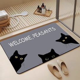 Bathroom Rugs for Multiple Usage: Non-slip, Absorbent, Quick-drying, Easy Clean; Home Decor Accessories for Bathroom, Bathtub, Kitchen floor, Shower, Sink. Pet Feeding Mat, Black Cat 16"x24"
