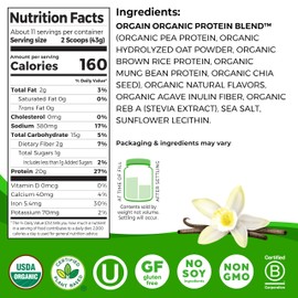 Orgain Organic Vegan Protein Powder + Oat Milk, Vanilla Bean - 20g Plant Based Protein, Gluten Free, No Dairy, Soy or Lactose Ingredients, Low Sugar, Non-GMO, Kosher, For Shakes & Smoothies - 1.05lb