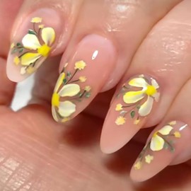 Tyuimhx Yellow Flower Press on Nails Medium Almond Fake Nail with Designs Floral False Nail Glossy Flowers Acrylic Artificial Stick on Nail for Women 24 Pcs
