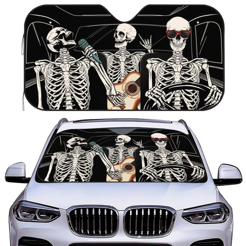 Funny Skull Car Windshield Sunshade for Big Cars, Skeleton Sun