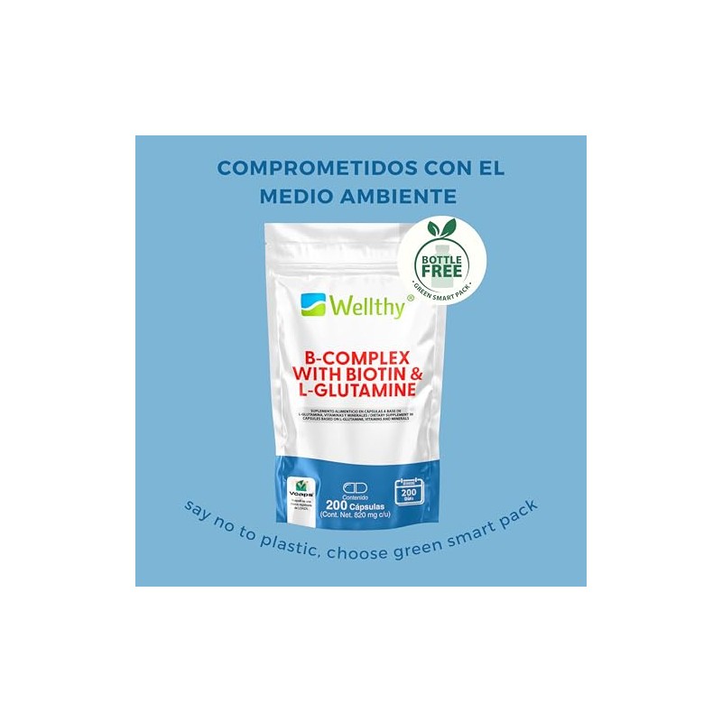 Wellthy Complejo B 200 Cápsulas. Reforzado con Biotina y Glutamina.