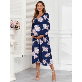 Maternity Winter Tie Front Ruched Nursing Dress A Line Long Sleeve V Neck Swing Pregnancy Maxi Dresses, Floral Navy, Medium