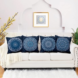 Aoihrraan 20 x 20 Inch Cushion Covers Dark Blue Bohemian Mandala Flower Indian Hippie Boho Style Square Linen Throw Pillow Covers Bedroom Living Room Sofa Outdoor Garden Couch Car, 51x51cm Set of 4