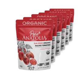 Pure Anatolia Organic Sun Dried Tomatoes Halves Cut - Dry Packed Sundried Tomatoes - No Sugar Added, Non GMO, Gluten Free, Vegan, No Preservatives - 3.17 oz Resealable Bag, 6 Pack