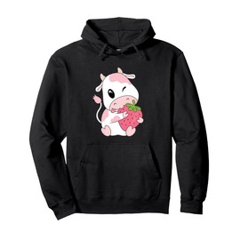 Cute Pink Cow Print Strawberry Kawaii Animal Women Girls Pullover Hoodie