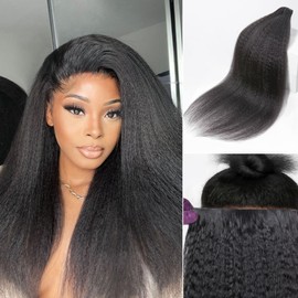 LUVME Invisible Clip in Hair Extensions, Kinky Straight Real Human Hair 16 Inch 2 Pack 220g 14pcs Clip ins Hair Extensions Natural Black for Women