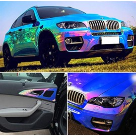 calcomanía holográfico de vinilo para coche con diseño de arcoíris neo chapado en cromo brillante sin burbujas de aire, lámina adhesiva para bricolaje (azul cielo, 53 x 11.8 pulgadas (135 x 30 cm)
