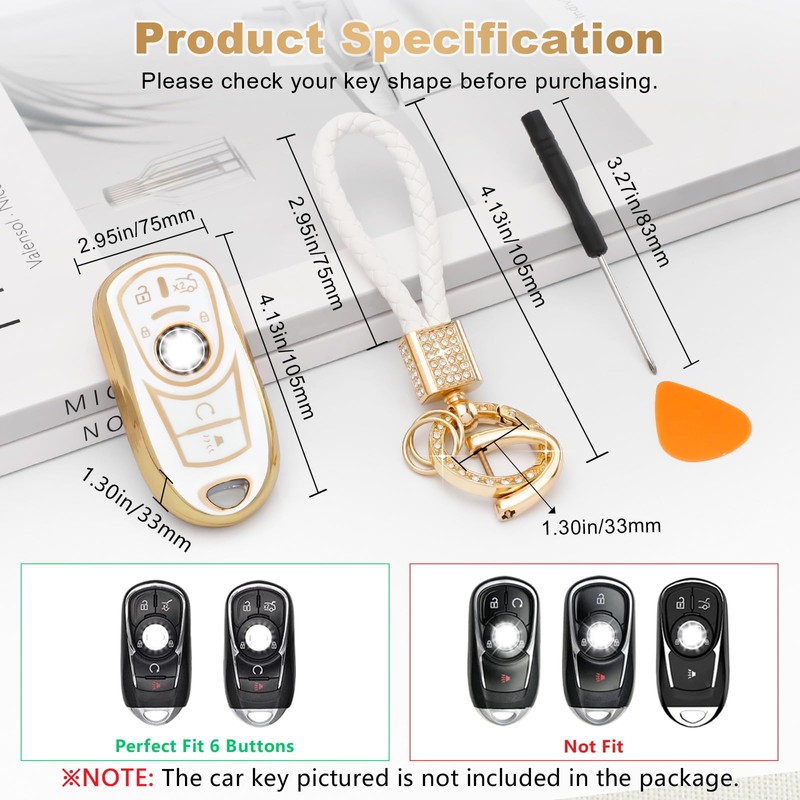 PIFOOG - Funda para llave Buick 6 botones (blanco dorado