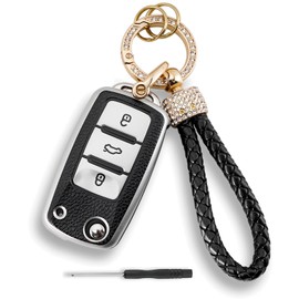 TPU Leather Car Key Cover For Volkswagen Golf MK6 Polo Beetle Caddy Transporter Eos Sharan Tiguan Touran Scirocco 3 Buttons Key Fob Cover with Screwdriver Diamond lanyard