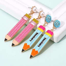 2 Pairs Pencil Earrings for Women, Beaded Pearl Teacher Pencil Dangle Earrings Hypoallergenic, Cute Student Pencil Stud Drop Earrings, Teachers Appreciation Day Back to School Earrings Jewelry Gifts