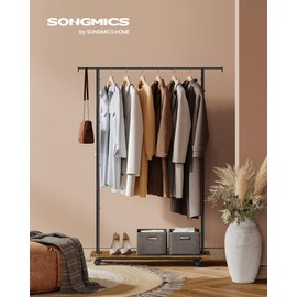 SONGMICS Clothes Rack with Wheels, Clothing Rack for Hanging Clothes, 38.8 Inches Metal Garment Rack with Shelf, Loads up to 110 lb, for Bedroom, Closet, Rustic Brown and Ink Black UHSR151B01