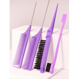 Hair Styling Comb Set (4pcs), Teasing Hair Brush, Rat Tail Comb, Double Sided Edge & Back Brushing, Combing, Slicking Hair for Women's Baby Hair - Color: Lilac, Size: one-size
