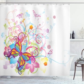 Ambesonne Mariposa Cortina de Baño, Floral Hojas de Los Elementos, Paño Conjunto de Decoración de Baño de Tela y Ganchos, 84" Extra Alta, Multicolor