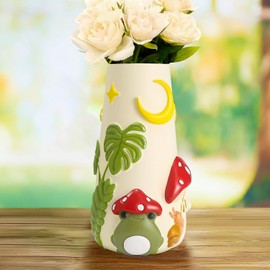 AmiCera Cute Frog Flower Vase, 20 cm Colourful Eclectic Vases Decoration Living Room, Unique Boho Decorative Vases for Flowers, Hand-Painted Modern Rainbow Funky Gifts, Red & White
