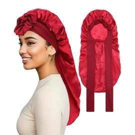 Braids Satin Bonnet for Sleeping Long Bonnet Women Hair Bonnet with Stretchy Tie Band Satin Hair Wrap(Red)