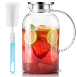 SUSTEAS 2.2 Liter 75oz Glass Pitcher with Lid, Easy Clean Heat Resistant Glass Water Carafe with Handle for Hot/Cold Beverages - Water, Cold Brew, Iced Tea & Juice, 1 Long-Handled Brush Included