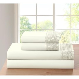 4-Piece Lace Crochet Embroidery Bamboo Bed Sheets Set Full Size | Casual Silky Soft Ivory White Bedding Solid Color Pattern | Luxury Deep Pocket Durable Elastic Fitted Thick | Machine Washable Cozy