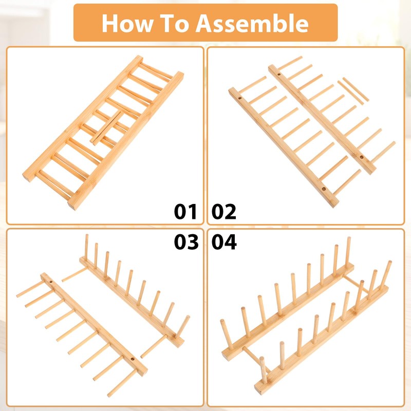 8-Slot Bamboo Wooden Plate Rack, Dish Drying Rack & Pot