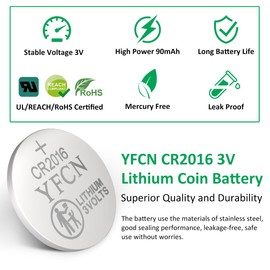 YFCN CR2016 Battery 3V Lithium Battery 10 Count Pack - CR 2016 Coin Cell Batteries - 5 Years Shelf Life