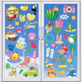 PartyGarden Large Summer Window Clings - 4 Sheets 63 Pcs Summer Theme Pool Beach Chairs Sun Window Decal Stickers for Glass Windows for Pool Party Supplies Home School Office Shop Display Decorations