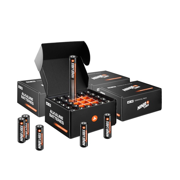 Ninja Labs: AA - Baterías alcalinas supercargadas en caja organizadora (increíblemente de larga duración), doble A (paquete de 120)