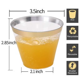 I00000 200 Pack Gold Plastic Cups, 9 Oz Elegant Clear Plastic Cups Gold Rimmed Disposable Wine Glasses Fancy Disposable Party Cups Wedding Cups Drinking Tumblers Plastic Cocktail Glasses with Gold Rim