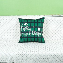 ONWAY St Patricks Day Green Buffalo Plaid Lumbar Pillow Cover 18x18 Shamrock Clover Lucky Blessed Decorative Farmhouse Cushion Case for Sofa Couch Home Bed Decor