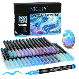 NICETY 32 Colors Acrylic Paint Markers, Paint Pens Brush Tip Water-Based Acrylic Markers for Rock Painting Stone Wood Ceramic (Blue)