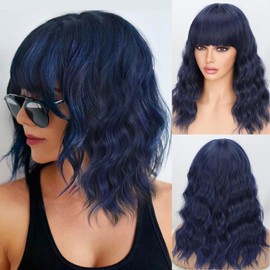 Nnzes Wig with Bangs for Women Short Bob Wavy Charming Synthetic Dark Blue Wigs with Natural Shoulder Length Curly Heat Resistant Hair for Daily Party Use