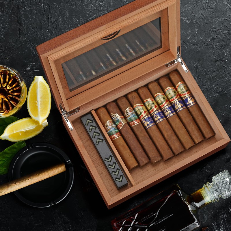 TISFA Cigar Humidor, Glass Top Cigar Box with Hygrometer Humidifier